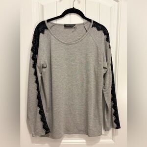 Ivanka Trump Gray long Sleeve Top with Black Lace Sleeve Embellishment